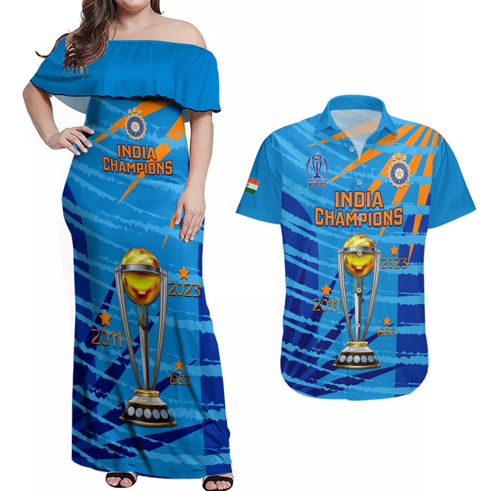 Custom India Cricket Couples Matching Off Shoulder Maxi Dress and Hawaiian Shirt 2023 World Cup 3rd Champions Proud - Wonder Print Shop