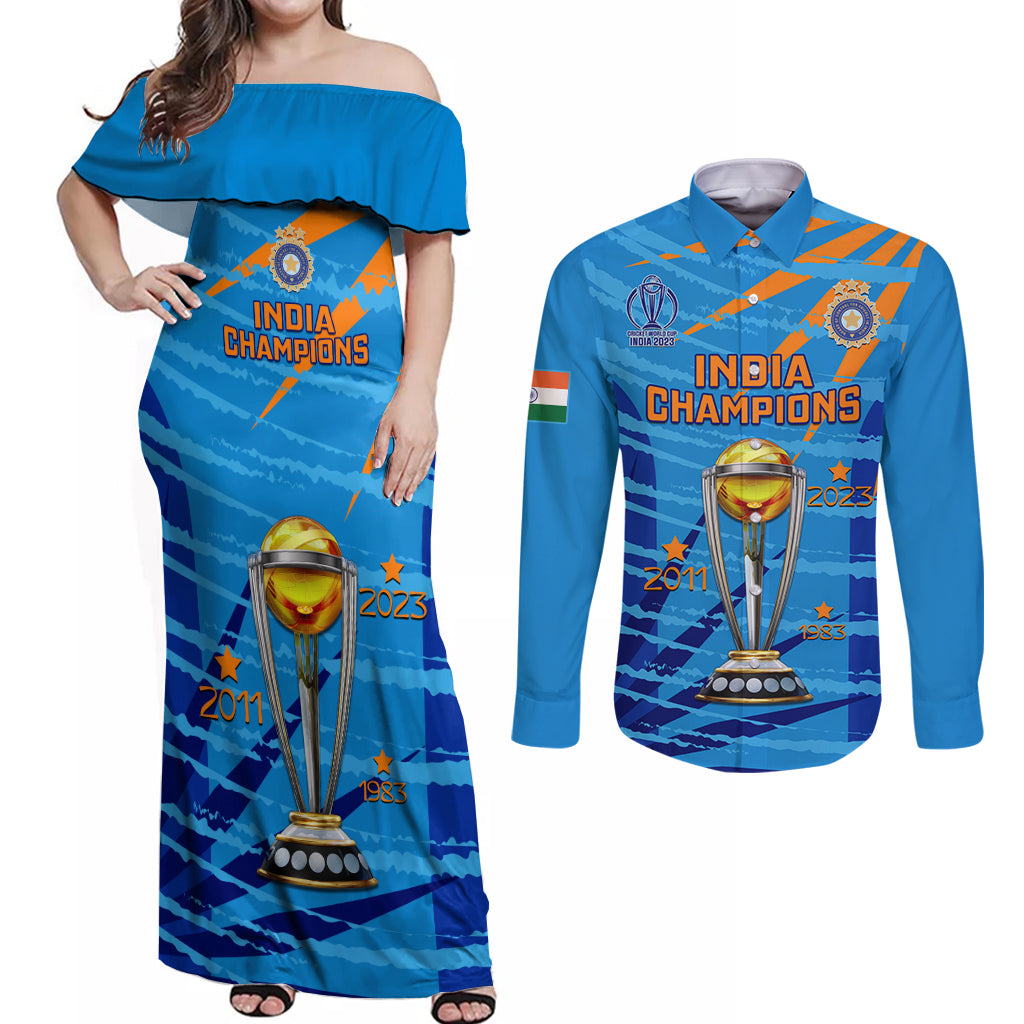 Custom India Cricket Couples Matching Off Shoulder Maxi Dress and Long Sleeve Button Shirt 2023 World Cup 3rd Champions Proud - Wonder Print Shop