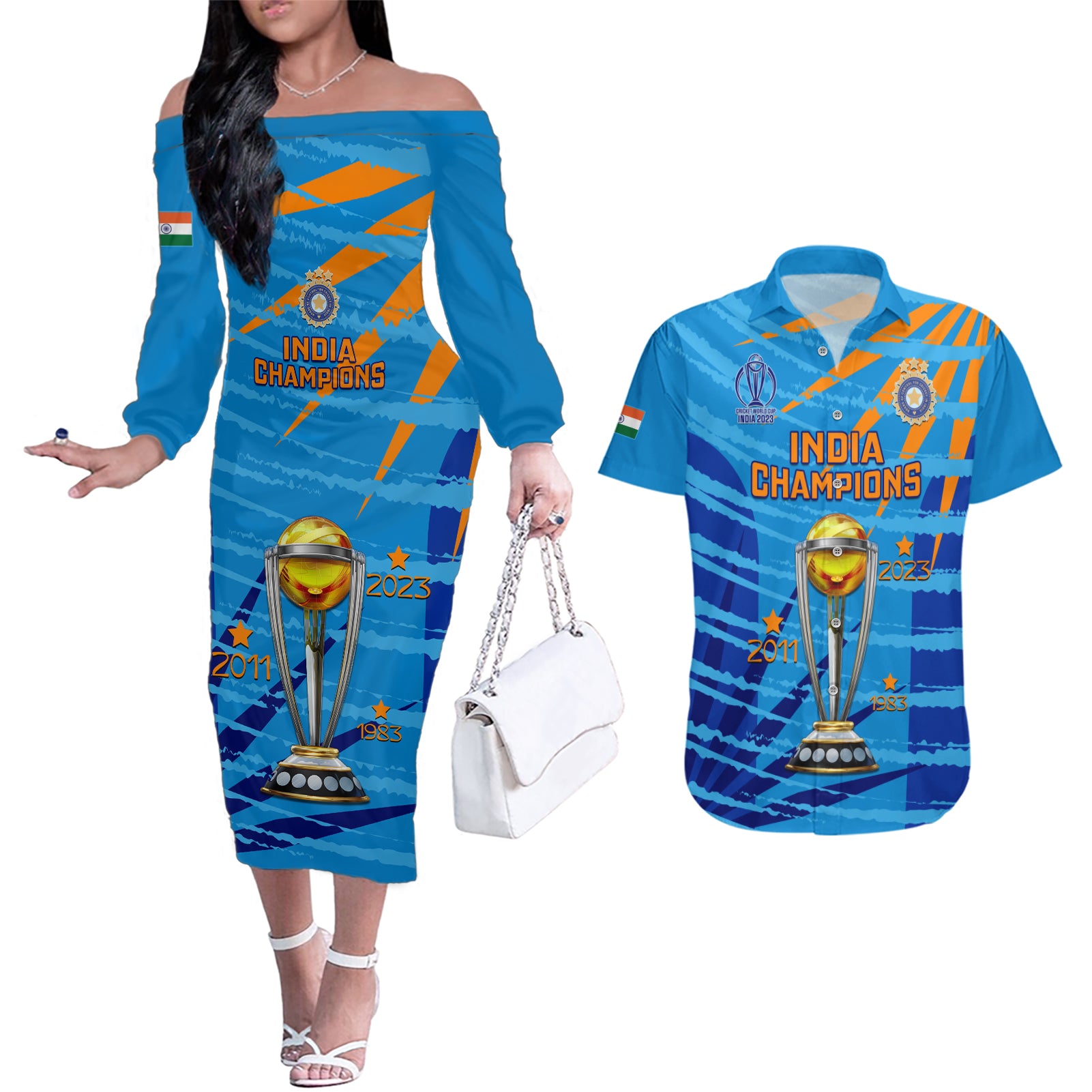 Custom India Cricket Couples Matching Off The Shoulder Long Sleeve Dress and Hawaiian Shirt 2023 World Cup 3rd Champions Proud - Wonder Print Shop