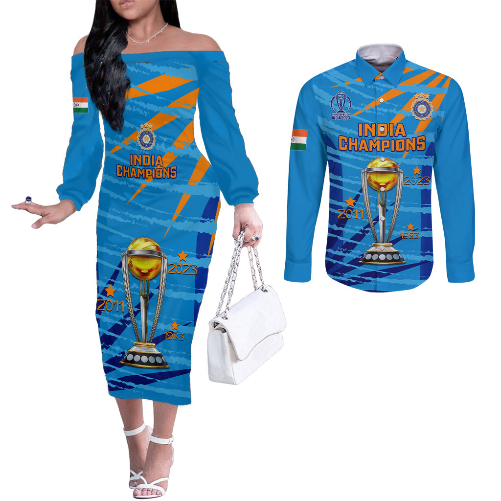 custom-india-cricket-couples-matching-off-the-shoulder-long-sleeve-dress-and-long-sleeve-button-shirt-2023-world-cup-3rd-champions-proud