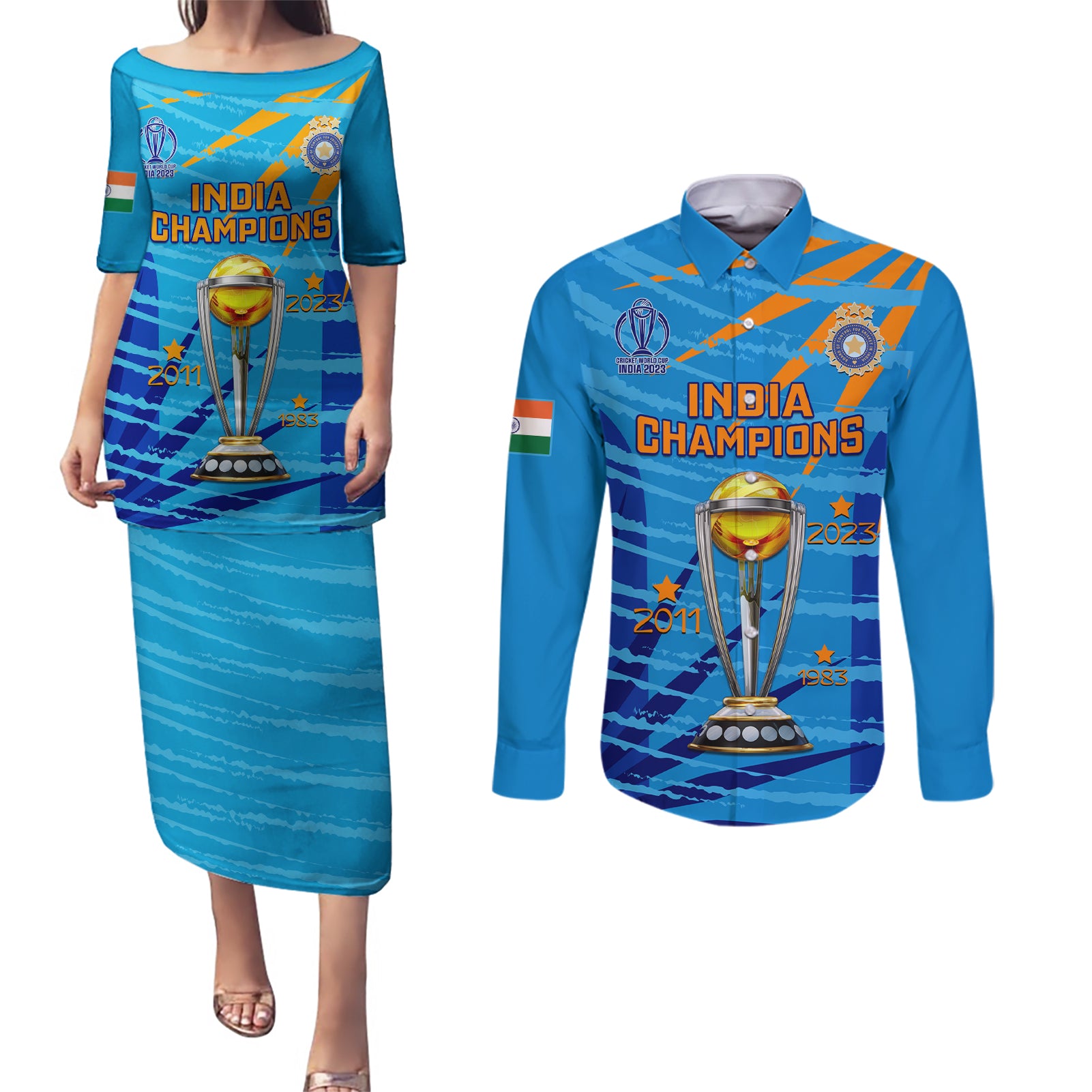 Custom India Cricket Couples Matching Puletasi Dress and Long Sleeve Button Shirt 2023 World Cup 3rd Champions Proud - Wonder Print Shop