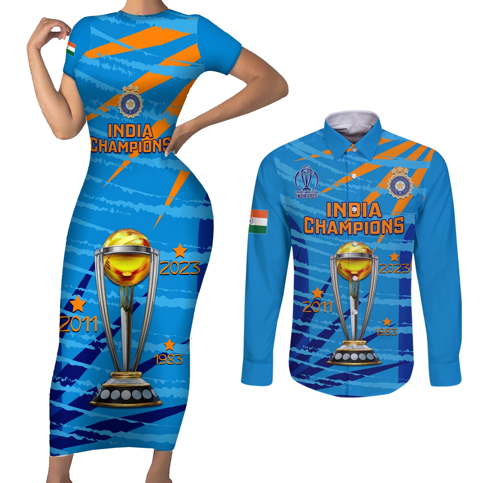 Custom India Cricket Couples Matching Short Sleeve Bodycon Dress and Long Sleeve Button Shirt 2023 World Cup 3rd Champions Proud - Wonder Print Shop