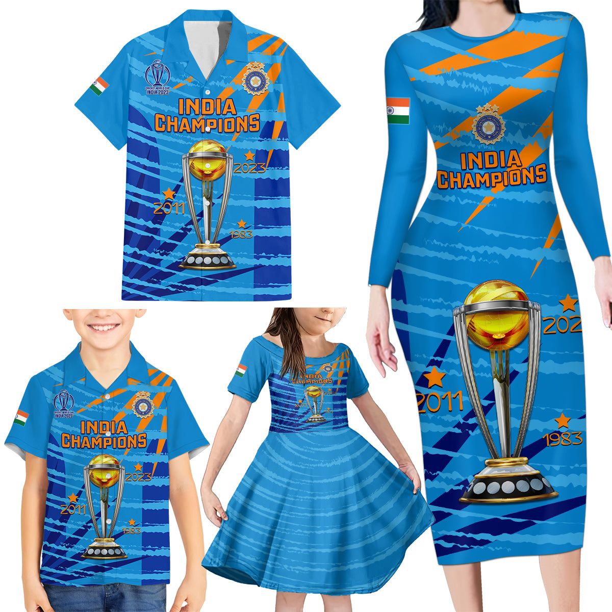 Custom India Cricket Family Matching Long Sleeve Bodycon Dress and Hawaiian Shirt 2023 World Cup 3rd Champions Proud - Wonder Print Shop