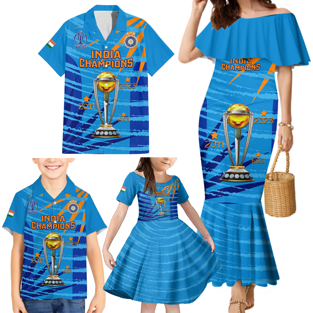 Custom India Cricket Family Matching Mermaid Dress and Hawaiian Shirt 2023 World Cup 3rd Champions Proud - Wonder Print Shop