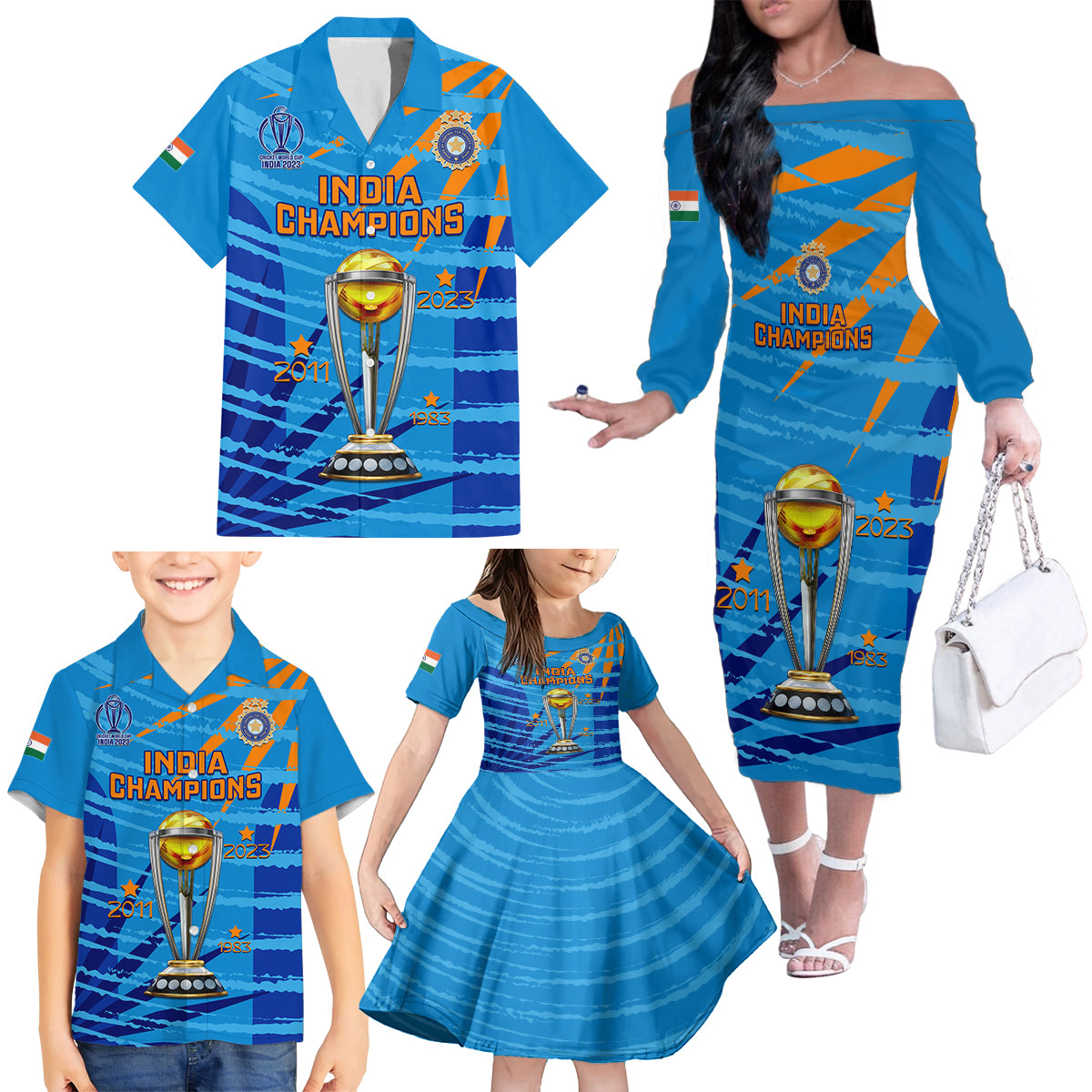 Custom India Cricket Family Matching Off Shoulder Long Sleeve Dress and Hawaiian Shirt 2023 World Cup 3rd Champions Proud - Wonder Print Shop