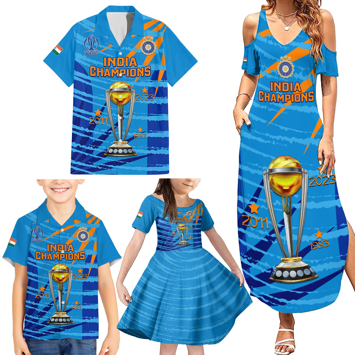 Custom India Cricket Family Matching Summer Maxi Dress and Hawaiian Shirt 2023 World Cup 3rd Champions Proud - Wonder Print Shop