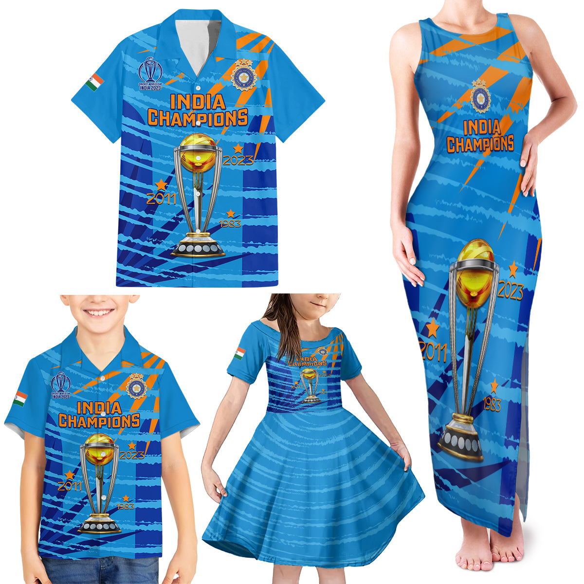 Custom India Cricket Family Matching Tank Maxi Dress and Hawaiian Shirt 2023 World Cup 3rd Champions Proud - Wonder Print Shop