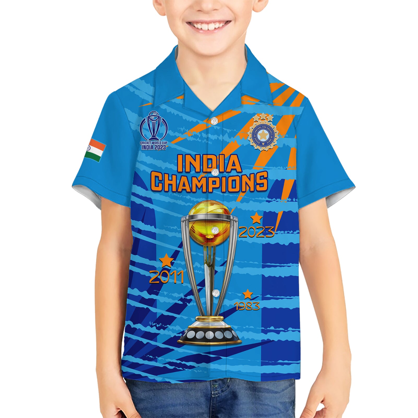 Custom India Cricket Kid Hawaiian Shirt 2023 World Cup 3rd Champions Proud - Wonder Print Shop