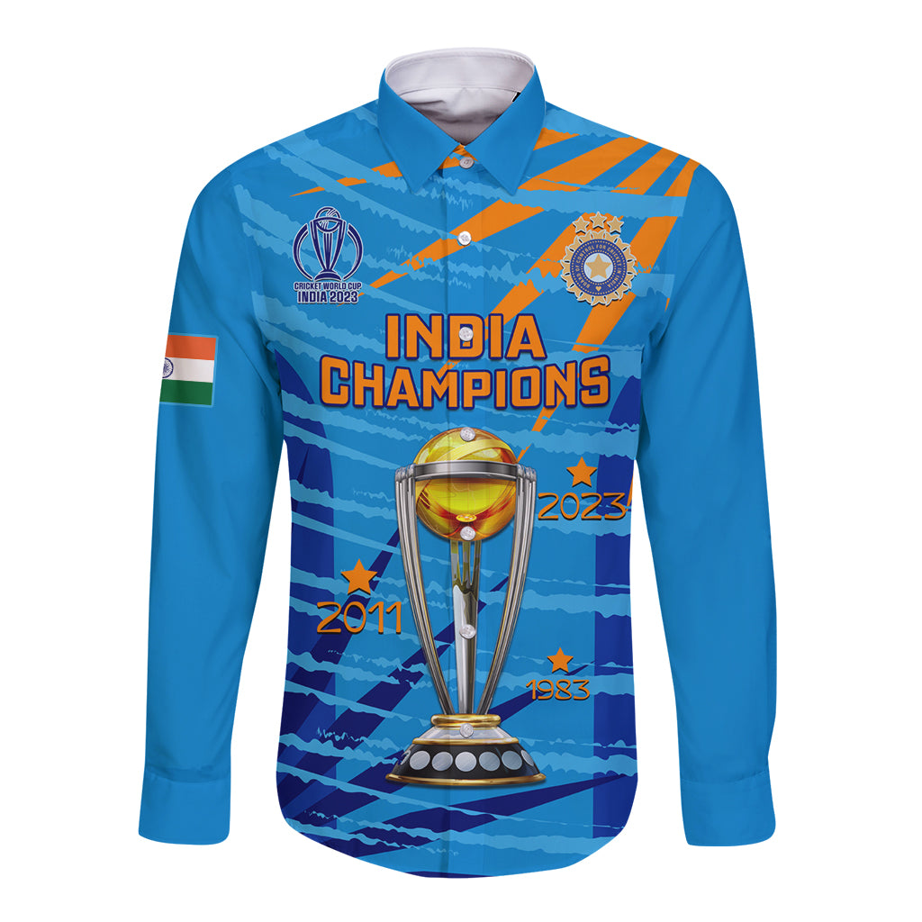 Custom India Cricket Long Sleeve Button Shirt 2023 World Cup 3rd Champions Proud - Wonder Print Shop