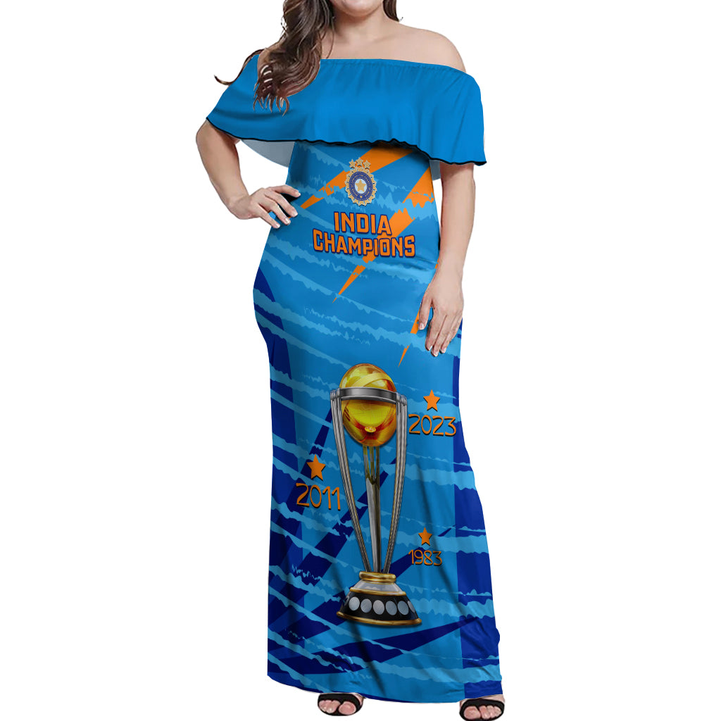 Custom India Cricket Off Shoulder Maxi Dress 2023 World Cup 3rd Champions Proud - Wonder Print Shop