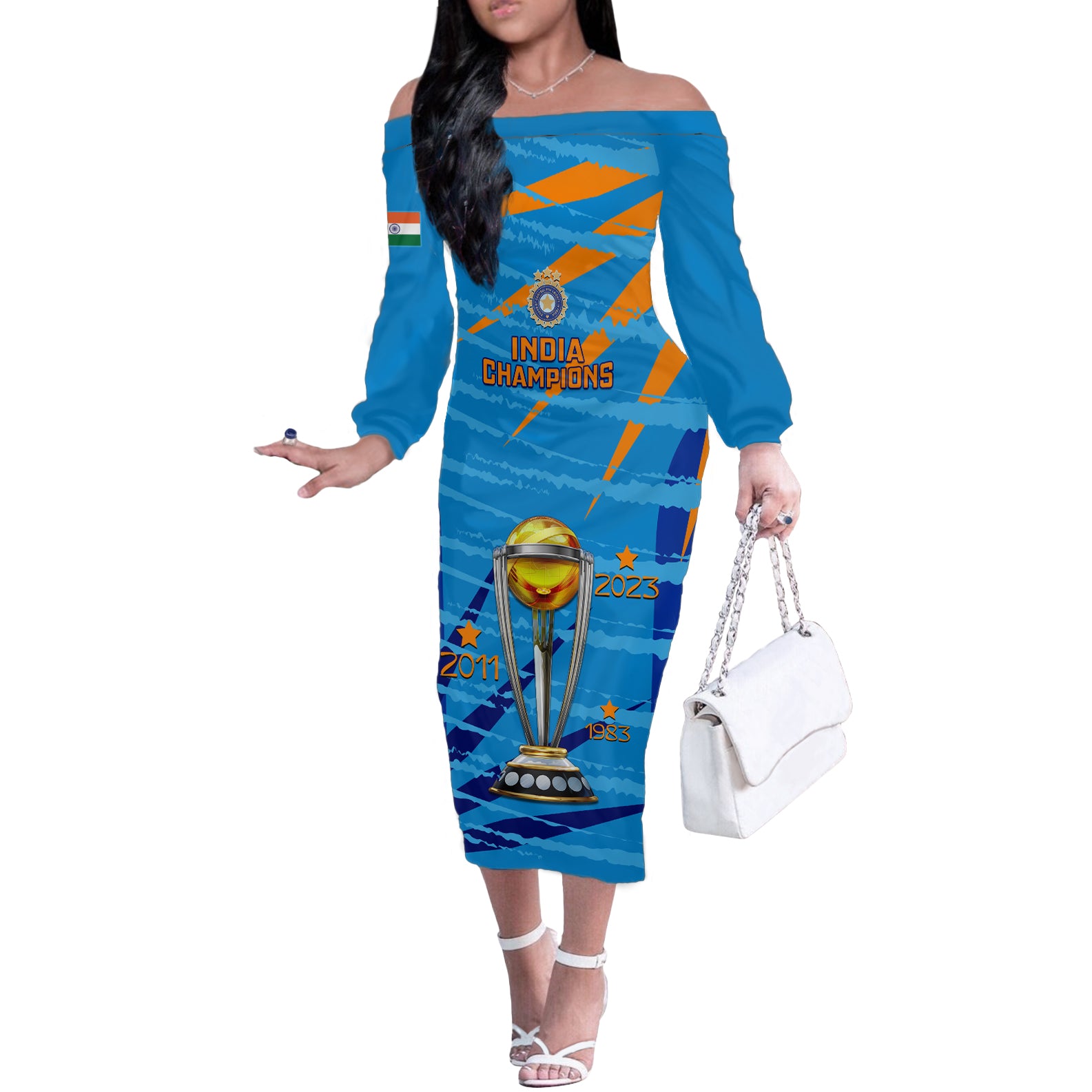 Custom India Cricket Off The Shoulder Long Sleeve Dress 2023 World Cup 3rd Champions Proud - Wonder Print Shop