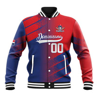 Red and blue baseball jacket with snap front, ribbed collar, and Dominicana patch