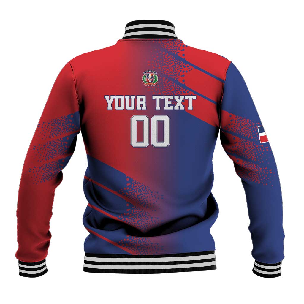 Back of red and blue baseball jacket with striped ribbed collar and YOUR TEXT graphics