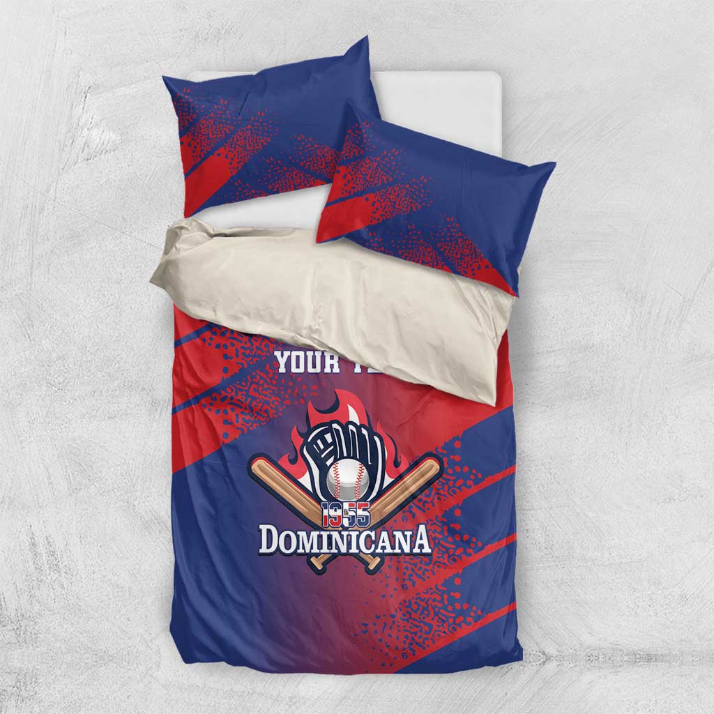 Red and blue baseball-themed bedding set with two pillowcases, “YOUR TEXT” on duvet