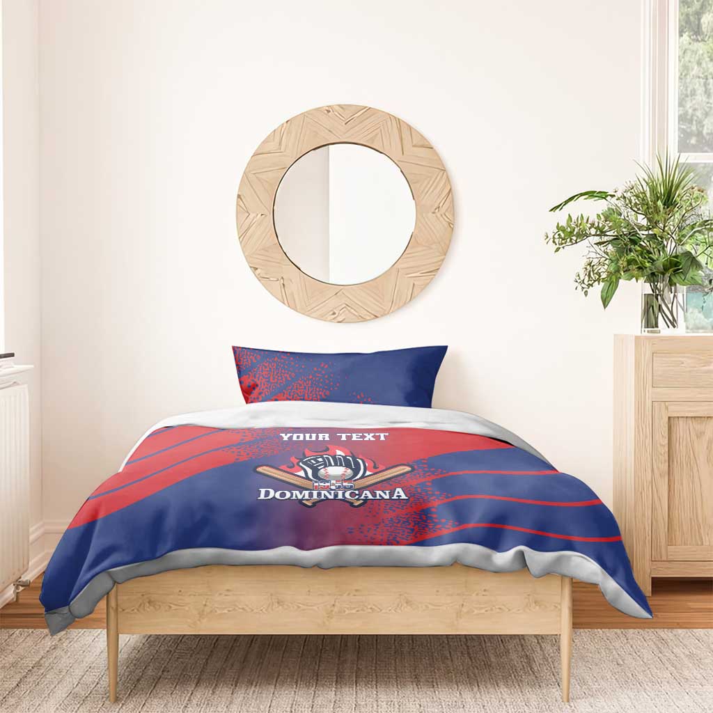 Red and blue baseball-themed bedding set with central bat-and-ball logo and two accents