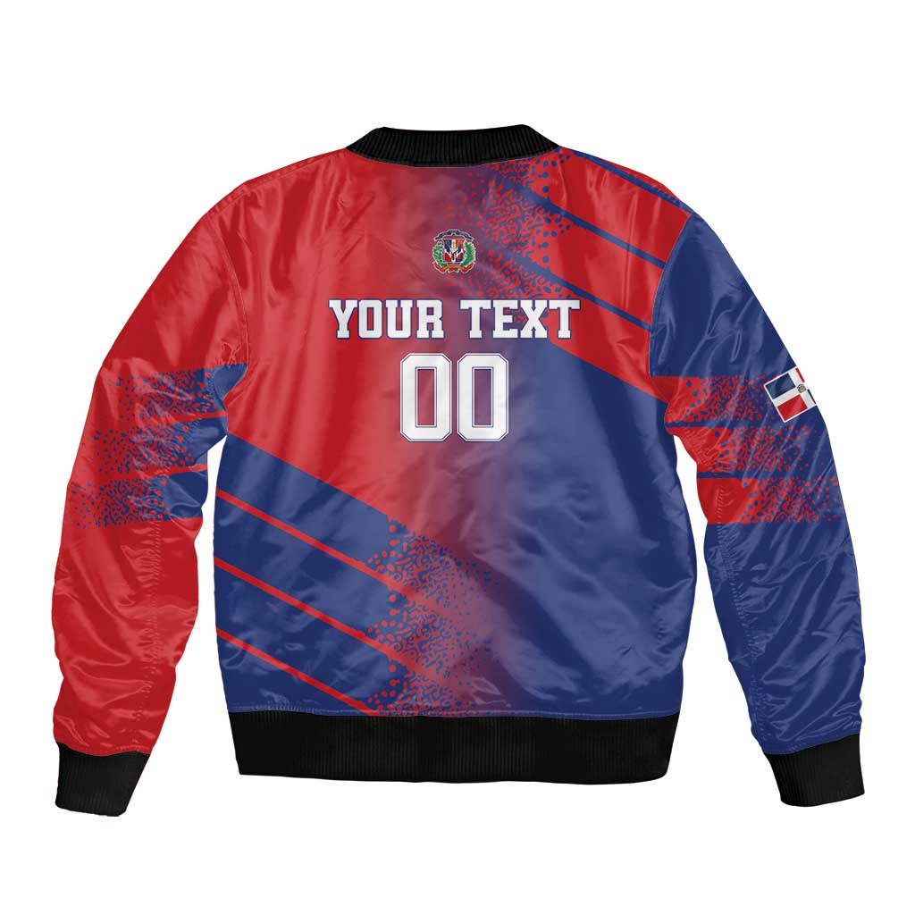 Red and blue unisex bomber jacket, back graphic “YOUR TEXT” and 00, ribbed hem