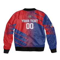 Red and blue unisex bomber jacket, back graphic “YOUR TEXT” and 00, ribbed hem