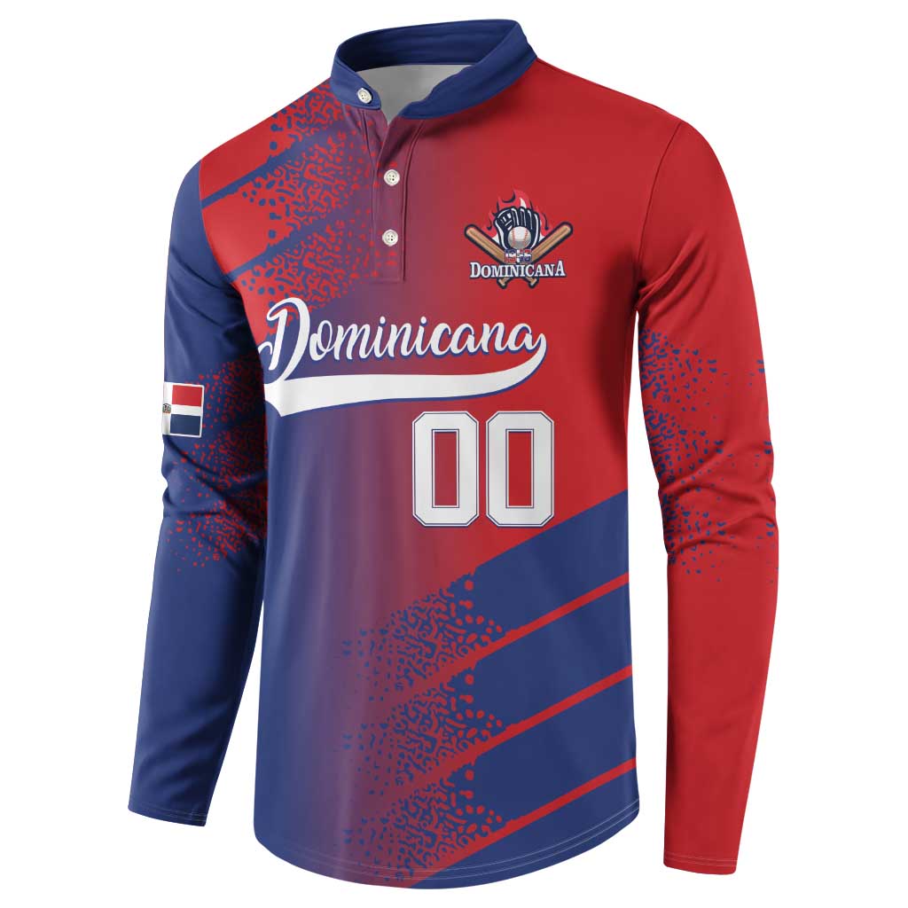 Red and navy long-sleeve button sweatshirt with Dominicana script and number 00 front