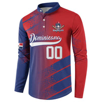 Red and navy long-sleeve button sweatshirt with Dominicana script and number 00 front