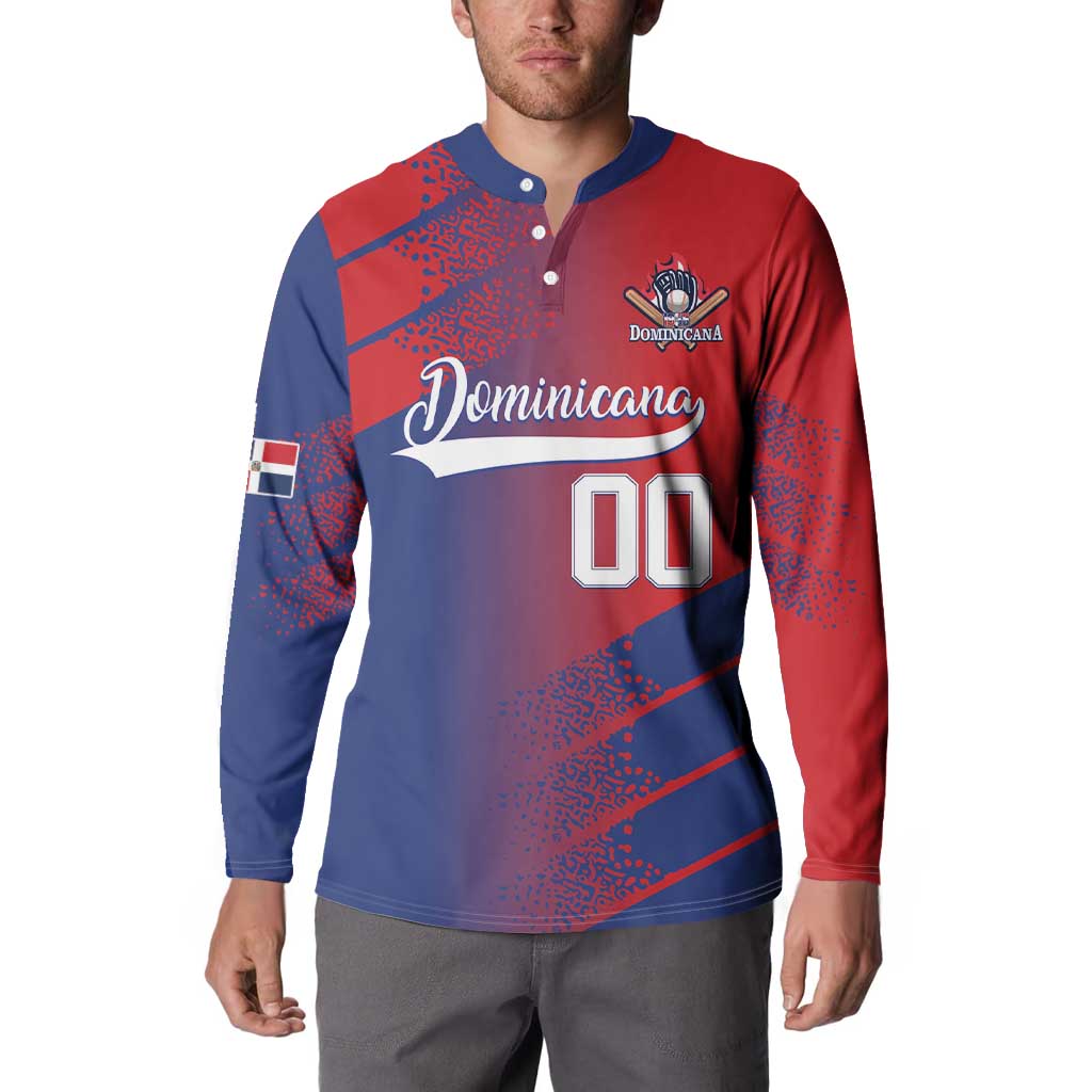 Red and navy long-sleeve button-up sweatshirt with Dominicana script and 00 front print