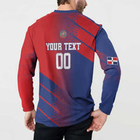 Red and navy long-sleeve button-up sweatshirt with YOUR TEXT and 00 back print