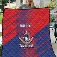 Red and blue quilt blanket with diamond pattern and 'Dominicana' logo
