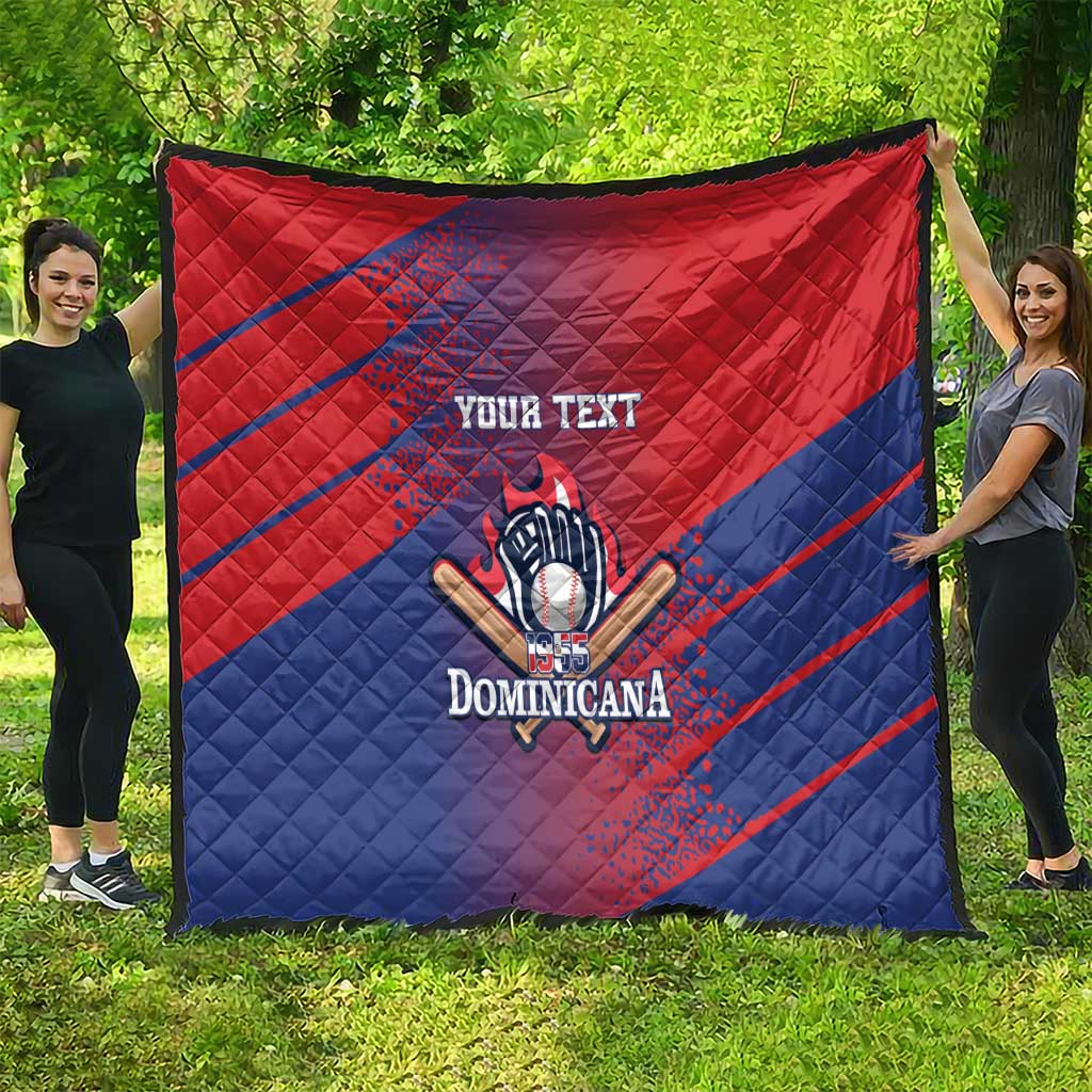 Red and blue quilt blanket with 'YOUR TEXT' and centered 'Dominicana' emblem
