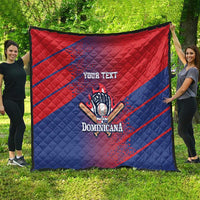 Red and blue quilt blanket with 'YOUR TEXT' and centered 'Dominicana' emblem