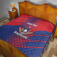 Red and blue quilt blanket on bed with 'YOUR TEXT' and 'Dominicana' emblem