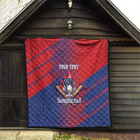 Red and blue quilt blanket on porch with 'YOUR TEXT' center and 'Dominicana' logo