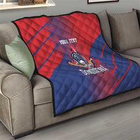 Red and blue quilt blanket on sofa with 'YOUR TEXT' and 'Dominicana' graphic