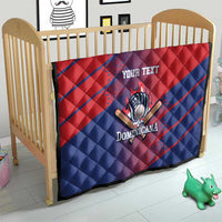 Red and blue quilt blanket on crib with 'YOUR TEXT' and centered 'Dominicana' logo