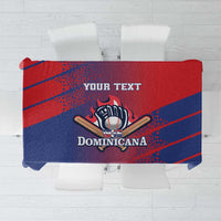 Red and navy baseball tablecloth with 'DOMINICANA' emblem and 'YOUR TEXT' print.
