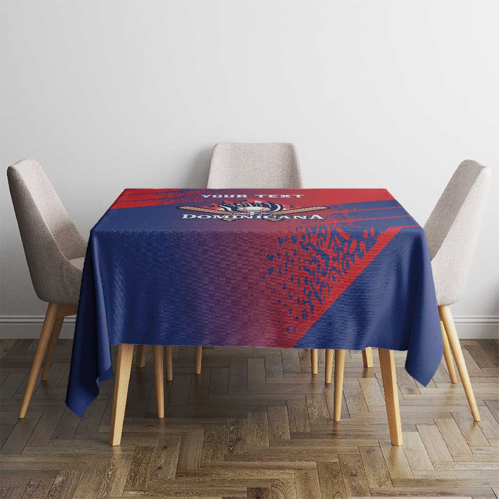 Red and navy baseball tablecloth with 'DOMINICANA' emblem, centered on dining table.