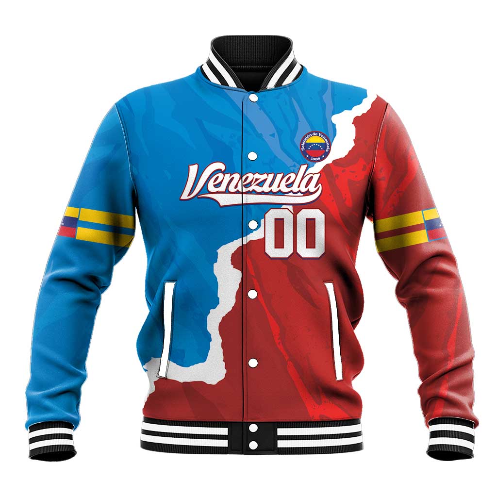 Venezuela baseball varsity jacket with blue-red map design, snap front, striped collar