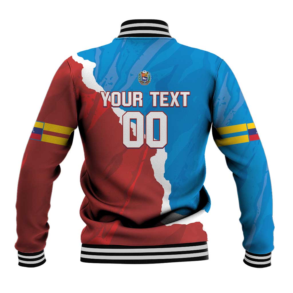 Venezuela baseball varsity jacket back with blue-red map, bold number 00, striped hem