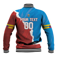 Venezuela baseball varsity jacket back with blue-red map, bold number 00, striped hem
