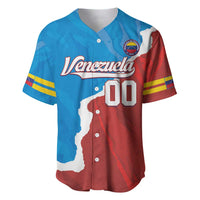 Blue and red baseball jersey with Venezuela script, map print, button front, 00