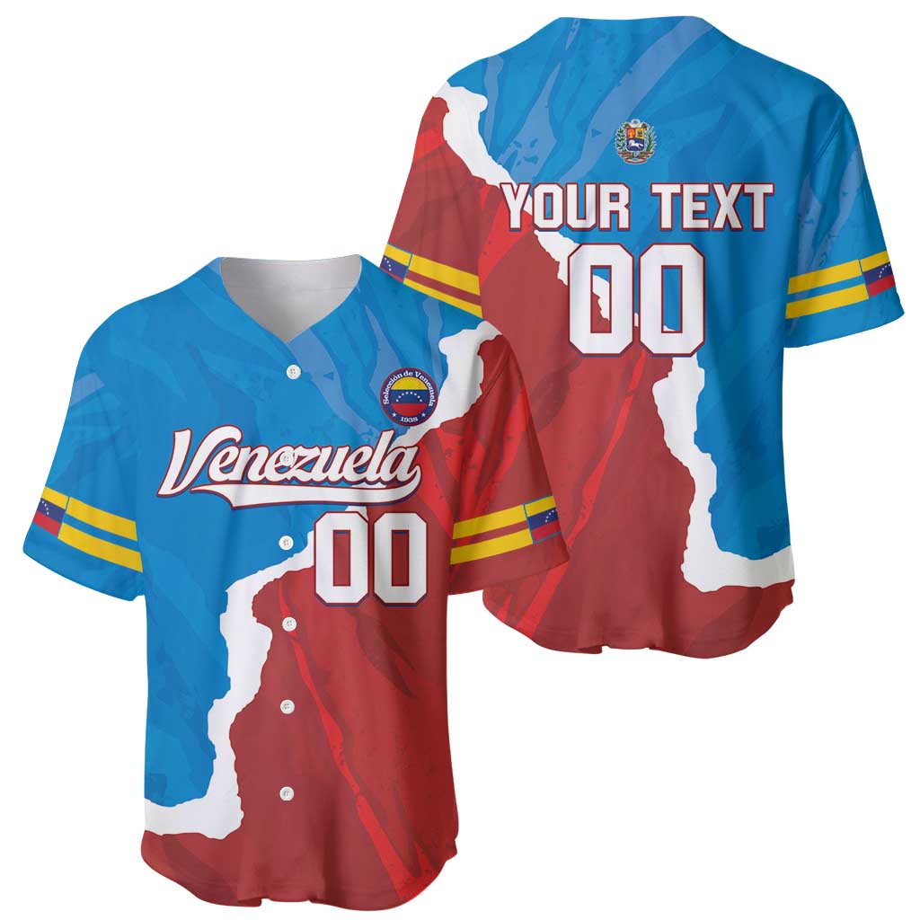 Baseball jersey front and back set: blue/red map print, Venezuela script, YOUR TEXT, 00