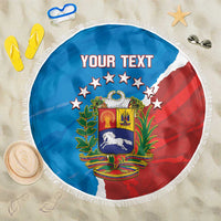 Round blue beach blanket with fringe, Venezuela-style emblem and 'YOUR TEXT' print