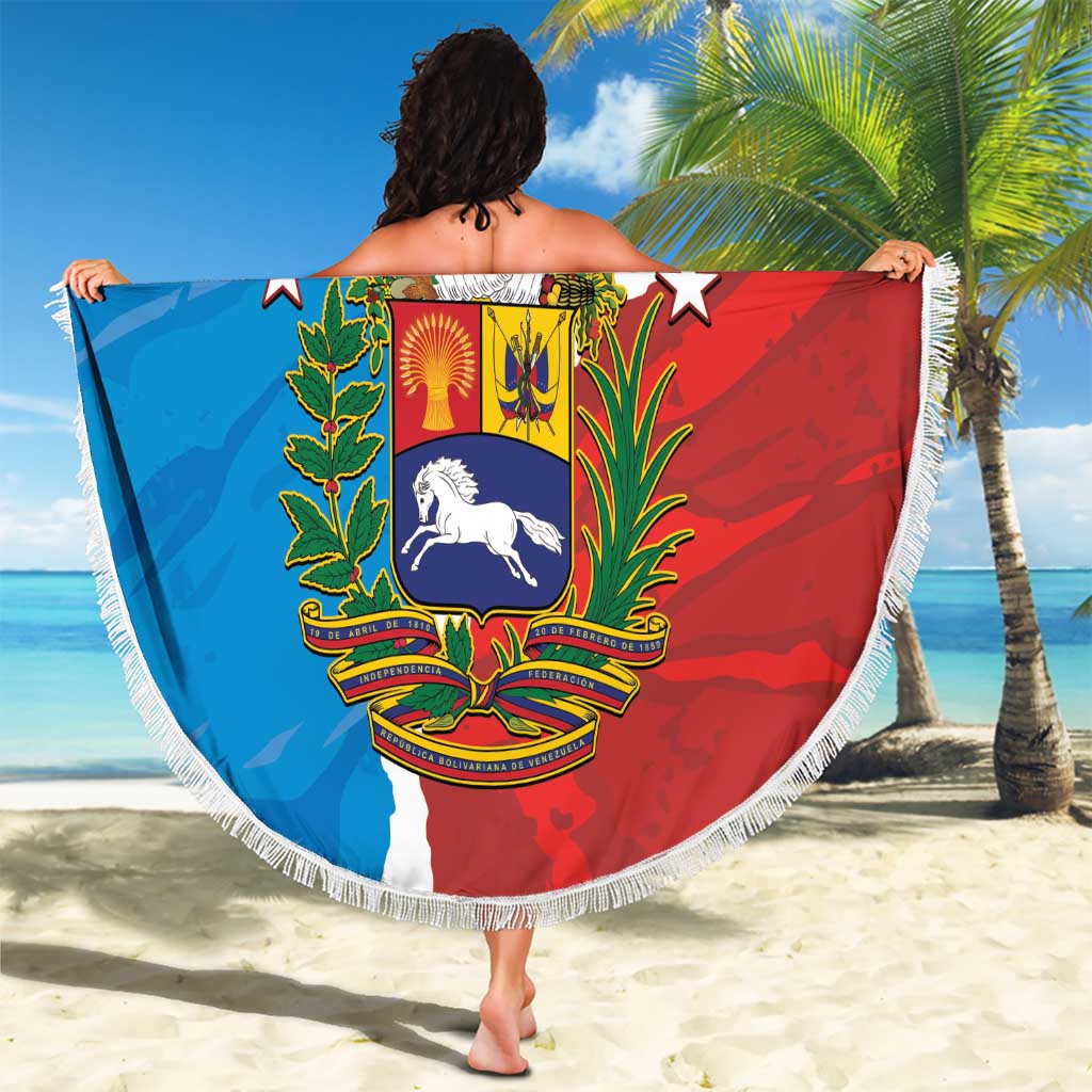 Round beach blanket with fringe, Venezuela crest and 'YOUR TEXT' graphic in blue and red