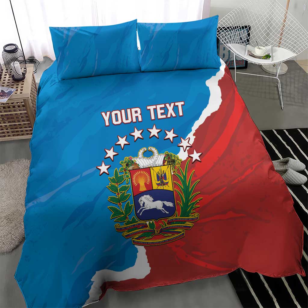 Blue and red Venezuela bedding set featuring stars, “YOUR TEXT,” and shield crest