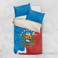 Blue and red duvet cover set with “YOUR TEXT,” stars, and coat-of-arms Venezuela crest