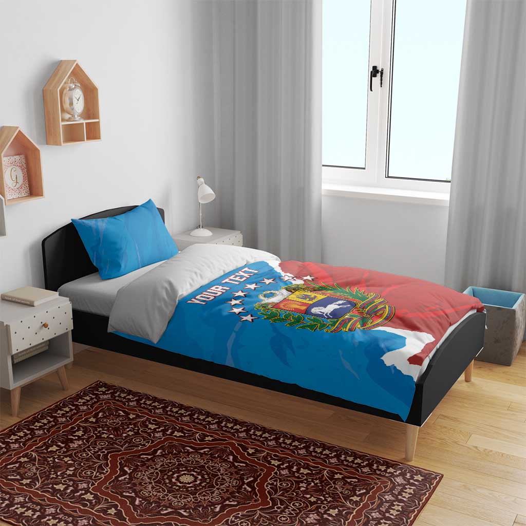 Venezuela flag duvet cover with coat-of-arms graphic and matching blue pillow shams