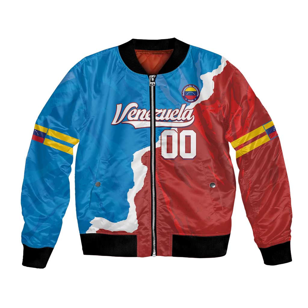Blue/red bomber jacket, zip front, black ribbed cuffs, Venezuela map, front 00