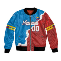 Blue/red bomber jacket, zip front, black ribbed cuffs, Venezuela map, front 00