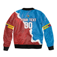 Back of blue/red bomber jacket with black ribbed hem, Venezuela map, YOUR TEXT 00