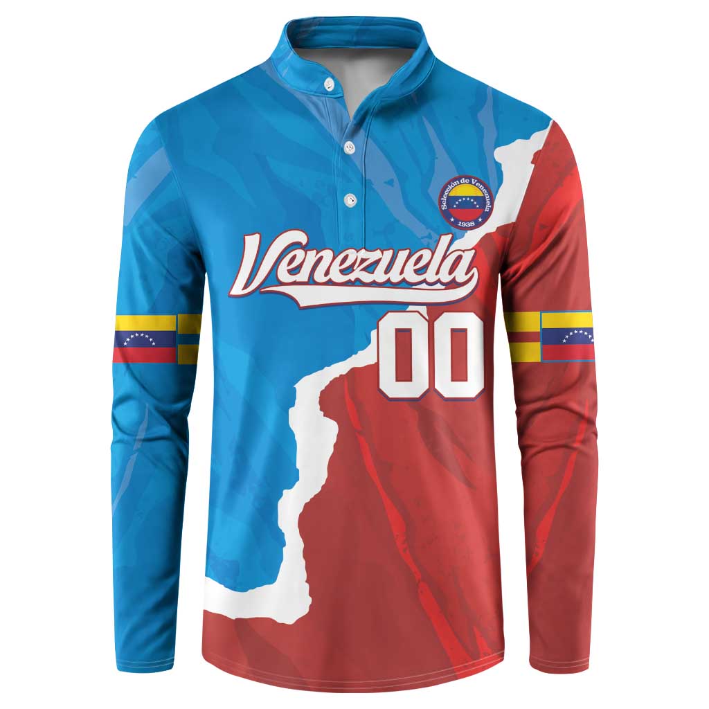 Blue and red button-up baseball sweatshirt with Venezuela script and "00" print.