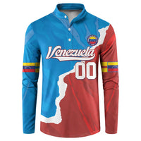 Blue and red button-up baseball sweatshirt with Venezuela script and "00" print.