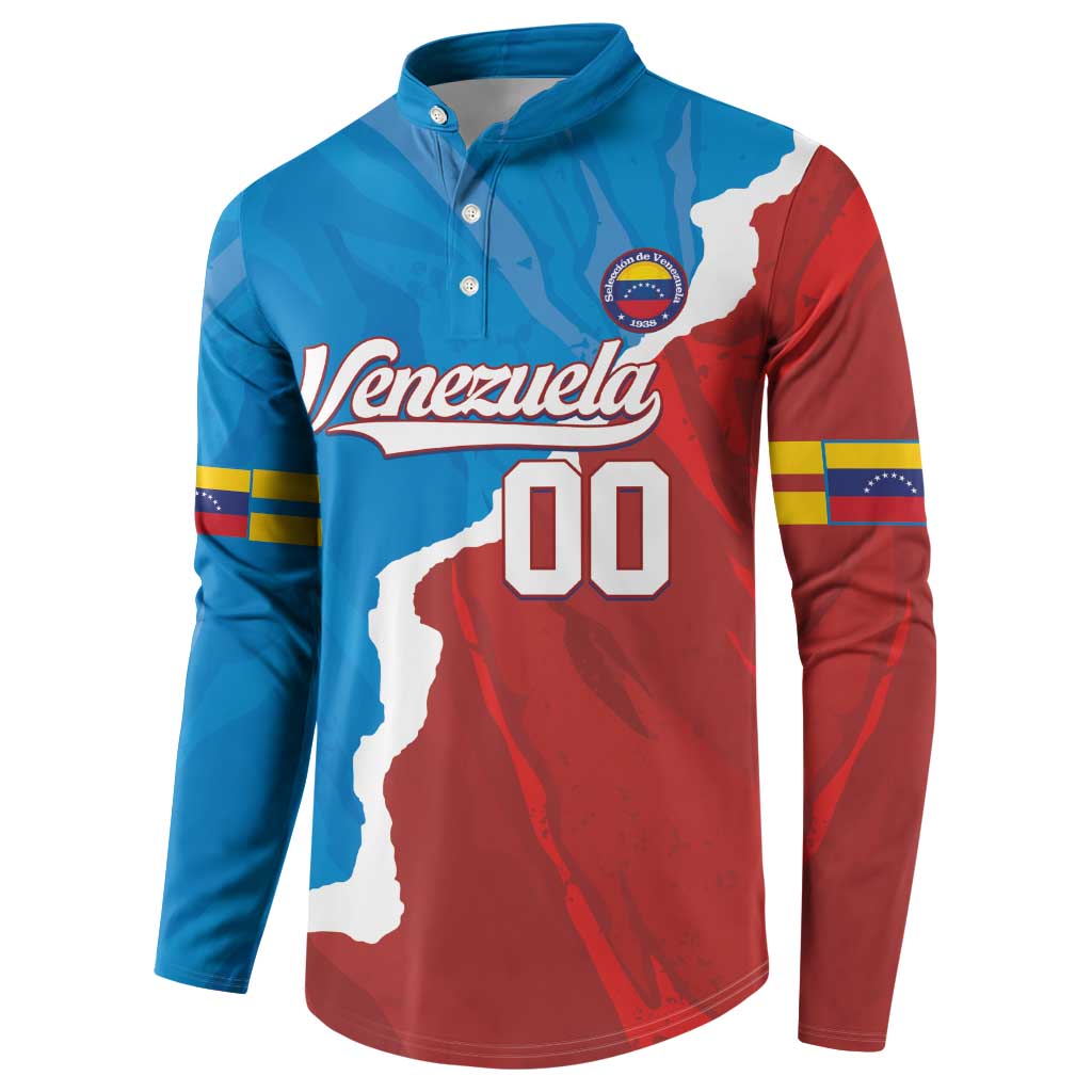 Blue and red button-up baseball sweatshirt with Venezuela crest, "Venezuela" and "00".